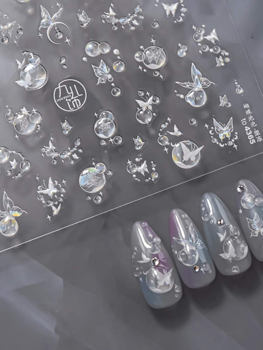 1片法式果冻美甲贴纸，梦幻泡泡流星蝴蝶星星月亮图案，自粘式，适用于美甲DIY装饰，美甲用品。 - 彩色 - 查看 1