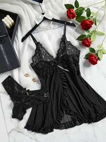2PCS  Cute And Sexy Women's Lace, Mesh And Solid Color Tights, Night Pajamas, Suitable For Women, Large Size, Multiple Colors To Choose From, Bringing You A Dazzling Night, Perfect Pajamas For New Year And Valentine's Day - 黑色 - 查看 3
