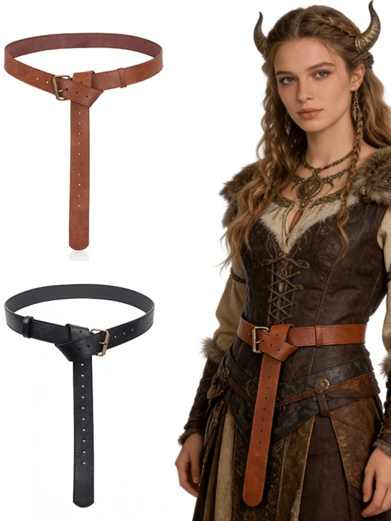 Vintage Viking Style PU Leather Belt, Medieval Female Warrior Cosplay Accessory, Renaissance Adjustable Waist Belt - A - View 1