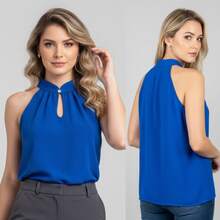 Women's Elegant Tank Top With High Neck, Pearl Detail, And Button Closure - 藍色 - 查看 3