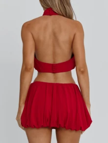 Women's Two Piece Sets Halter Sleeveless Backless Ruched Crop Top Low Rise Skirt Summer Streetwear Set - Red - View 2