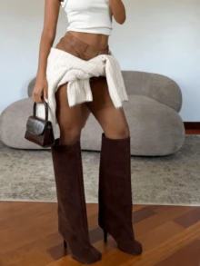 Luxury Fashion Women's Knee High Long Boots Square Toe Wide Calf Stiletto Heel Tall Boots - 巧克力棕 - 查看 3