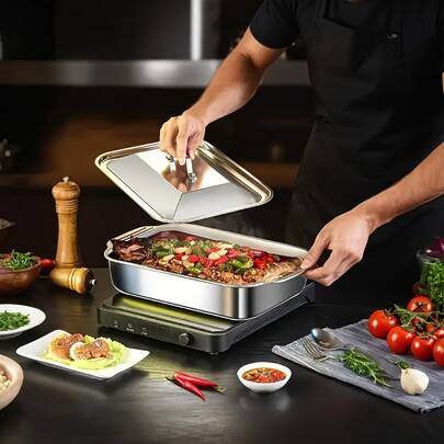 1pc Stainless Steel Baking Tray With Lid - Rectangular Baking Pan For Desserts, Breads And Seafood - Ideal For Grilling, Buffet, Size: 36.5cm*22cm*5cm