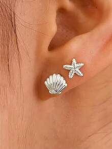 1 par de pendientes de botón con diseño de vida marina bohemio de aleación de zinc con estrella de mar, concha y caballito de mar, regalo de playa y verano, para uso diario - Plateado - Ver 10