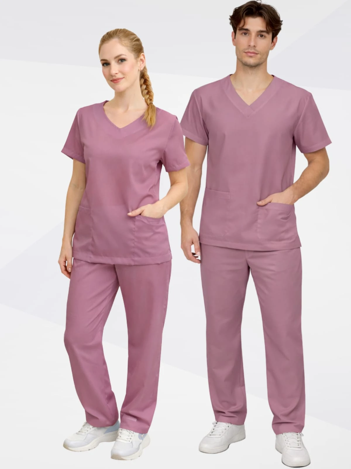 Unisex Hospital Scrub, /Nursing Surgical Pajamas With Pocket, Private Uniform With Pocket - 乾枯玫瑰色 - 查看 1