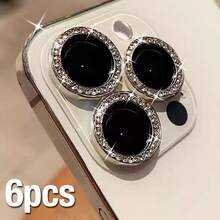6pcs Silver Shiny Camera Lens Protector Film, Fit For IPhone 17 Pro Max/17 E/17 Pro/17/16 Pro Max/16 Pro/15 Plus/14 Pro/13/12 Mini/11, With Shiny Metal Diamond Ring And 9H Hardness Anti-Scratch Film, Fashionable Accessory, Easy To Use Protective Case - Silver 6Pcs - View 4