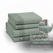 Micropercal 400 Thread Count Sheet Set, Queen And King Size, 4 Pieces, Embroidered With English Lace, Elasticated, Soft Touch, Plain, Habitat - 綠色蕾絲 - 查看 2