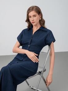 HZXVIC فستان طويل مناسب مزين بأزرار، ياقة منحرفة، أكمام قصيرة، أنيق للنساء، خريفي - أزرق داكن - مشاهدة 6