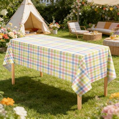 1/3pcs Spring Easter Buffalo Plaid Tablecloth Decor 137x274cm Plastic Watercolor Pink Blue Yellow Pastel Dining Table Cover For Indoor Outdoor Spring Birthday Easter Party Supplies