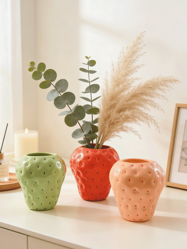 1pc Large Resin Strawberry-Shaped Vase, Suitable For Garden And Bedroom Shelf Decoration, Pink/Red