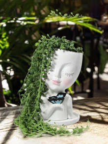 Vaso/Jardineira em formato de rosto, adequado para plantas de interior e exterior, feito de resina, ideal para suculentas, com furo de drenagem, vaso com formato de rosto feminino. - C - Ver 4