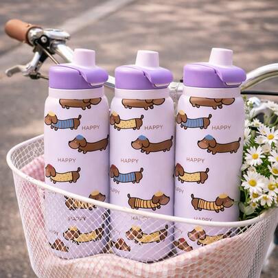 mikenda 1 Pc 28oz/36oz Cute Puppy Print Stainless Steel Tumbler With Straw, Aesthetic Leak-Resistant Travel Water Bottle, Reusable Coffee Cup For Daily, Outdoor & Commute