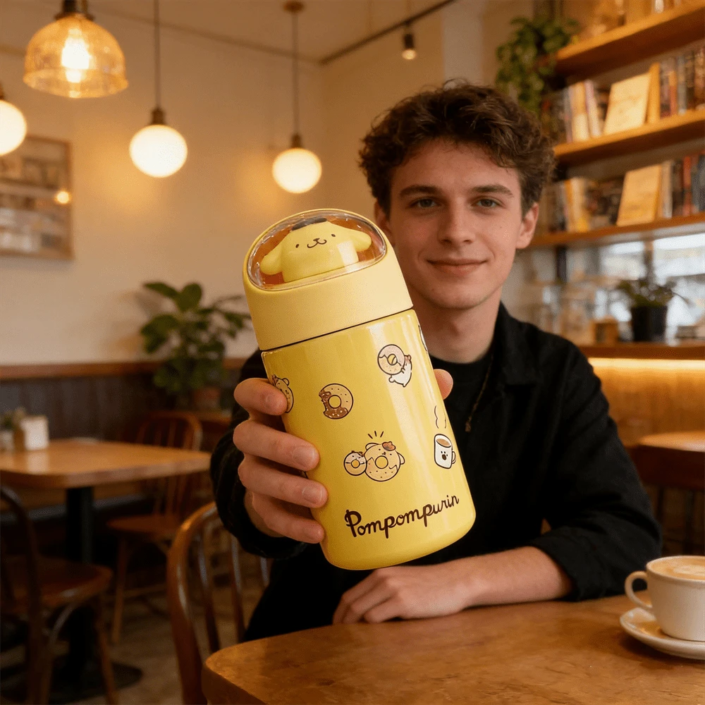 Miniso Sanrio Thermos Cup High-Value Cartoon Cute Pompompurin Stainless Steel Vacuum Flask With Rope Mini Portable Insulated Water Cup Water Bottle Tumbler 280ml/9.47oz - Yellow - View 1