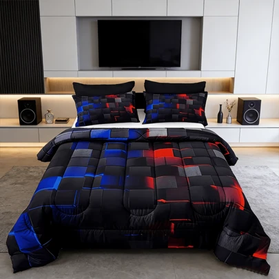 2/3pcs Futuristic Neon Grid Digital Printed Comforter Sets (Twin, Full, Queen, King Sizes), U-Shaped Quilting, 1 Comforter + 1/2 Pillowcases, Lightweight Breathable & Warm All-Season Bedding, Soft & Durable, Machine Washable, Ideal For Dorm & Family Bedroom Decor, Great Holiday Gift
