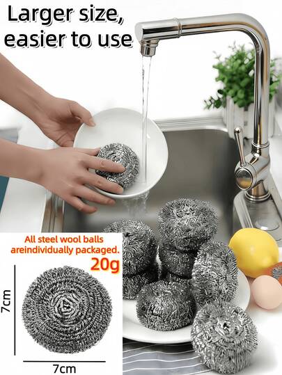 20克不锈钢百洁布、不锈钢清洁球、钢丝绒、钢丝绒垫、清洁刷、厨房清洁球、厨房洗碗刷、去污清洁刷、钢丝绒清洁刷、不锈钢厨房清洁刷，耐用、大尺寸、独立包装，必备厨房清洁用品。