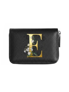 1个PU皮革风琴式拉链卡包，金色花卉字母图案，大容量多卡位拉链钱包，便携式信用卡零钱包，时尚拉链钱包，商务休闲短款钱包，带卡槽，男女通用短款钱包 - 彩色 - 查看 20