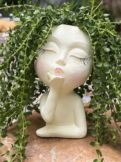 Maceta con forma de rostro de tamaño mediano, maceta única con rostro besando, apta para plantas de interior y exterior, maceta de resina con rostro besando y orificio de drenaje (Blanco)