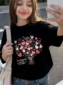 女童短袖T恤，印有爱心和花朵图案，休闲时尚童装，女童服装 - 黑色 - 查看 2