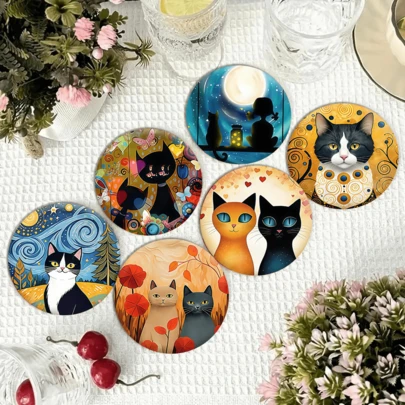 The Round Coaster With The Theme Of Cats In The Art Genre Revolves Around "Cat Companionship And Artistic Aesthetics", Accurately Conveying The Emotional Experience Of Relaxation And Healing, Meeting The Dual Needs Of Cat Slaves And Art Lovers