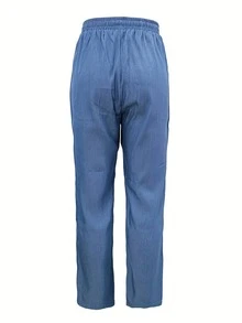 Jessefanie Solid Blue Slim Fit Casual Pants With Elastic Waistband, Drawstring Pockets And Textured Fabric, Versatile For Spring/Summer - Blue - View 4