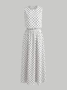 女士休闲度假轻薄仿亚麻黑白波点无袖露脐上衣和开衩长裙两件套，简约时尚，适合约会和日常穿着 - 白色 - 查看 3