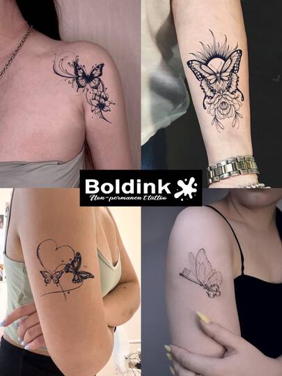  Boldink 2pcs Floral Heart Butterfly Series Decorative Temporary Waterproof Tattoos, Long-Lasting 1-2 Weeks, Botanical & Fruit Juice Tattoos, Ideal For Autumn/Winter Body Decoration, Popular Valentine's Day Gift For Women, Must-Have For Trendsetters