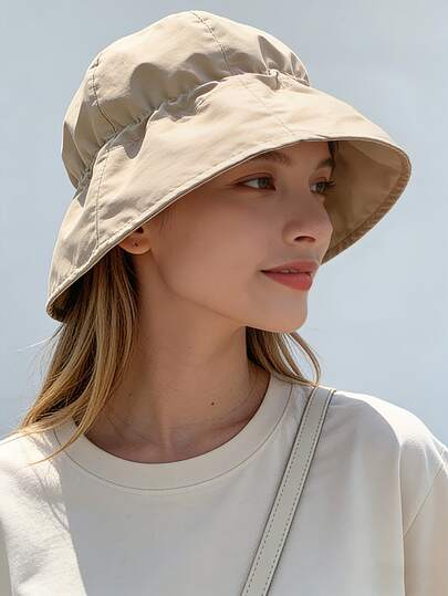 1顶抽绳渔夫帽，防风，防紫外线，3D立体设计，可折叠，时尚百搭，优雅，柔软舒适，透气，多功能，修饰脸型，适合海滩、户外、徒步、骑行等场合。