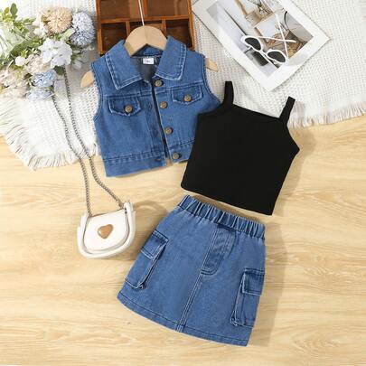 Young Girl Spring/Summer Washed Denim Vest Jacket With Pockets And Knitted Black Ribbed Tank Top, Skirt Three-Piece Set