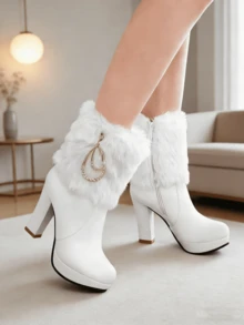 Women's Winter Furry Ankle Boots Fashion Chunky High Heel Metal Buckle Booties With Side Zipper Elegant Dress Party Shopping Office Outdoor Christmas Snow Boots For Women - 白色 - 查看 1