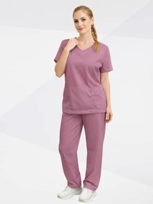 Unisex Hospital Scrub, /Nursing Surgical Pajamas With Pocket, Private Uniform With Pocket - 乾枯玫瑰色 - 查看 3