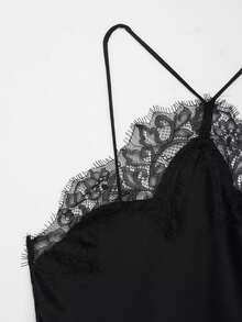 Mellowy 夏季新款女装连衣裙，欧美时尚性感蕾丝边缎面拼接连衣裙，黑色 - 黑色 - 查看 10