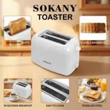 SOKANY 2-Slice Toaster With Extra Wide Slots, Stainless Steel Body, 6 Browning Settings, 700W Power, Compact Design, Removable Crumb Tray And Cancel Button, Auto-Eject Function For Easy Cleaning, Suitable For Dorm, Home And Apartment. Can Toast Bread, Bagels, Waffles And More. White Exterior Makes It A Perfect Valentine's Day Gift. - EU E Type Plug(220-240V) - View 3