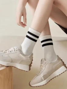 1/3/5/6/8/10双装男女通用长筒袜，黑白配色，吸湿排汗，透气舒适，简约优雅，四季皆宜 - 白色 - 查看 9