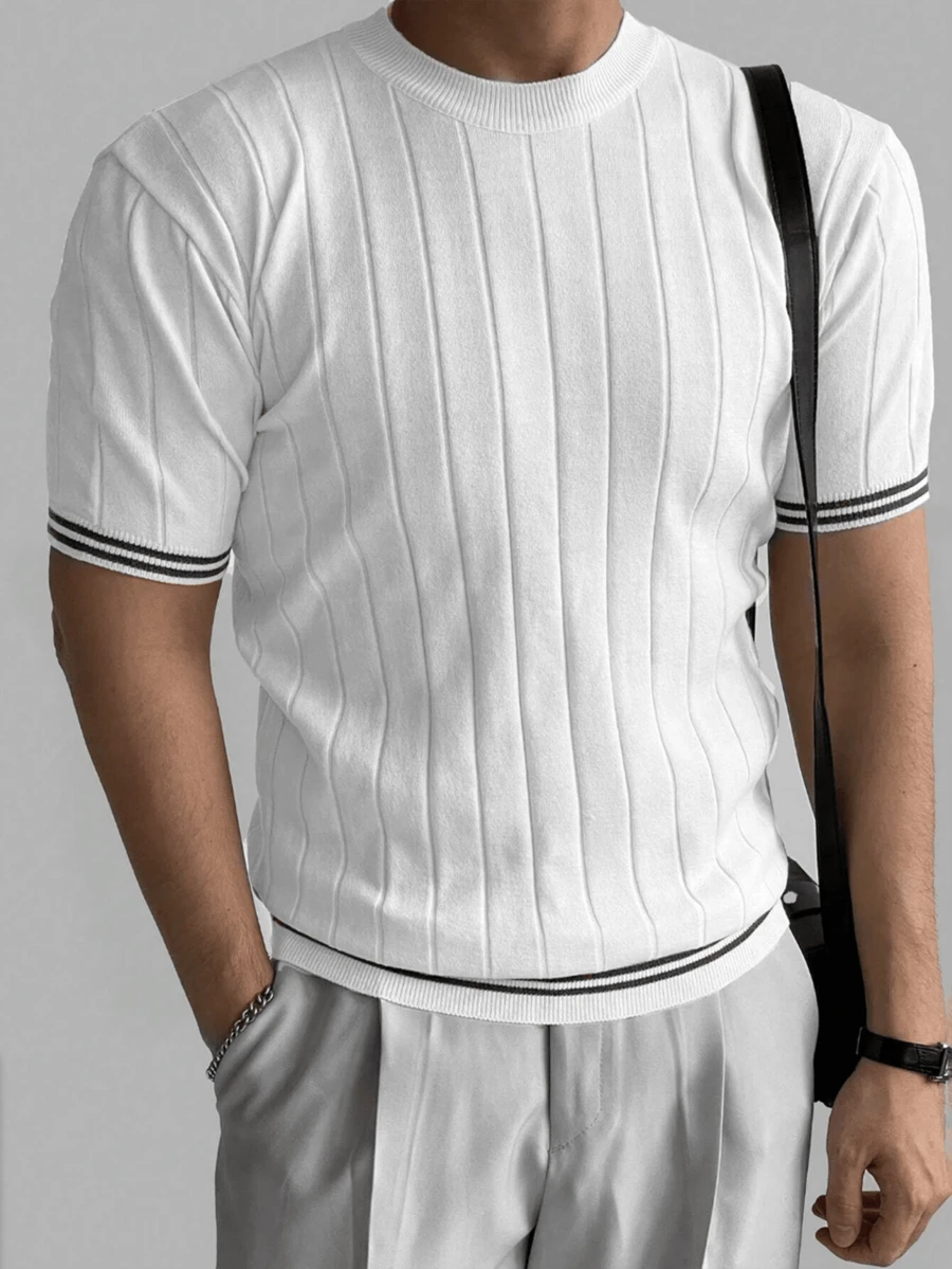 Men's Contrast Color Vertical Striped Knit Crew Neck Top - White - View 1