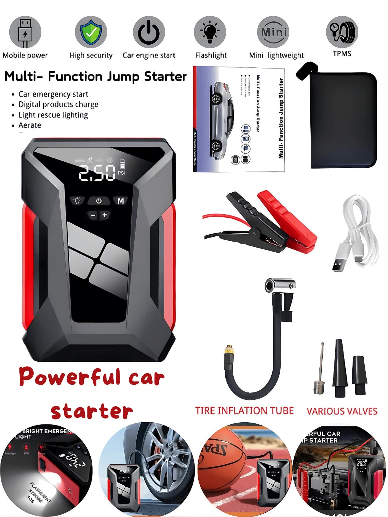 1 Peça Auxiliar de Partida Portátil para Carro, Equipado com Compressor de Ar, Luz LED de Emergência e Fonte de Alimentação, Pode Inflar Pneus, Bolas, etc. Rapidamente. Pode Carregar Rapidamente Telefones, Laptops, Carros, Caminhões, RVs, etc. Inclui Bolsa de Armazenamento, Carregador de Bateria de Carro | Bateria de Alta Qualidade | Funções Avançadas! Melhor Ferramenta de Emergência!