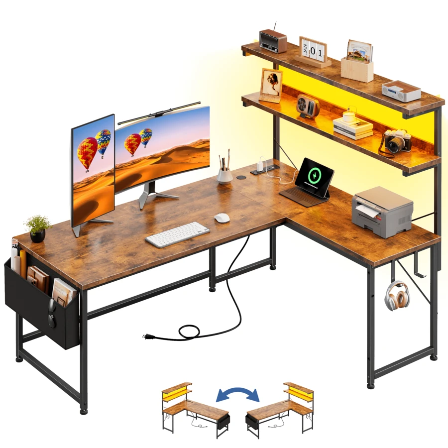 EnHomee 53"W Rustic Brown Home Office Computer Desk L Shaped Desk Gaming Desk Reversible With LED Light Power Port Shelf For Small Spaces - 查看 1