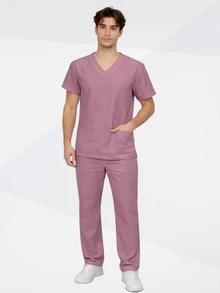 Unisex Hospital Scrub, /Nursing Surgical Pajamas With Pocket, Private Uniform With Pocket - 乾枯玫瑰色 - 查看 5