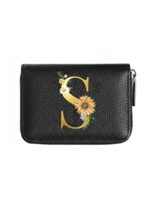 1个PU皮革风琴式拉链卡包，金色花卉字母图案，大容量多卡位拉链钱包，便携式信用卡零钱包，时尚拉链钱包，商务休闲短款钱包，带卡槽，男女通用短款钱包 - 彩色 - 查看 18