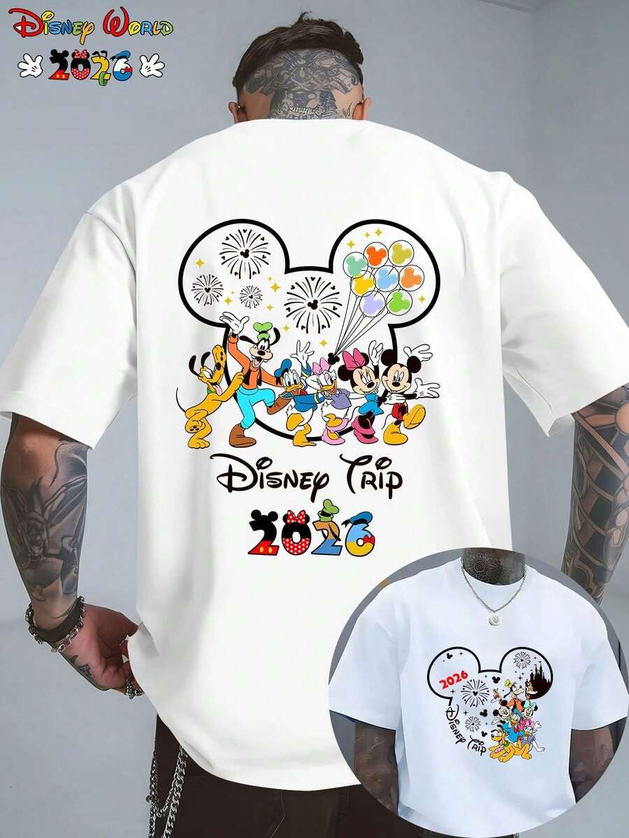 Official Authorization! 1pc Men's Wear 2026 Latest Disney Trip Mickey Head Double-Sided Printed Cotton T-Shirt | Gifts | Street Fashion Wear | Disneyland Fans | Double-Sided Printed Flowers | Unisex - 白色 - 查看 1