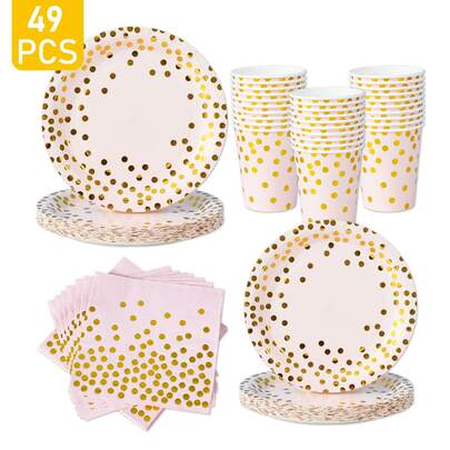 一套粉色底金色波点一次性餐盘、餐巾纸、纸杯，适合8位客人使用，一次性纸盘，派对用品，适用于生日、婚礼、主题派对、家庭野餐