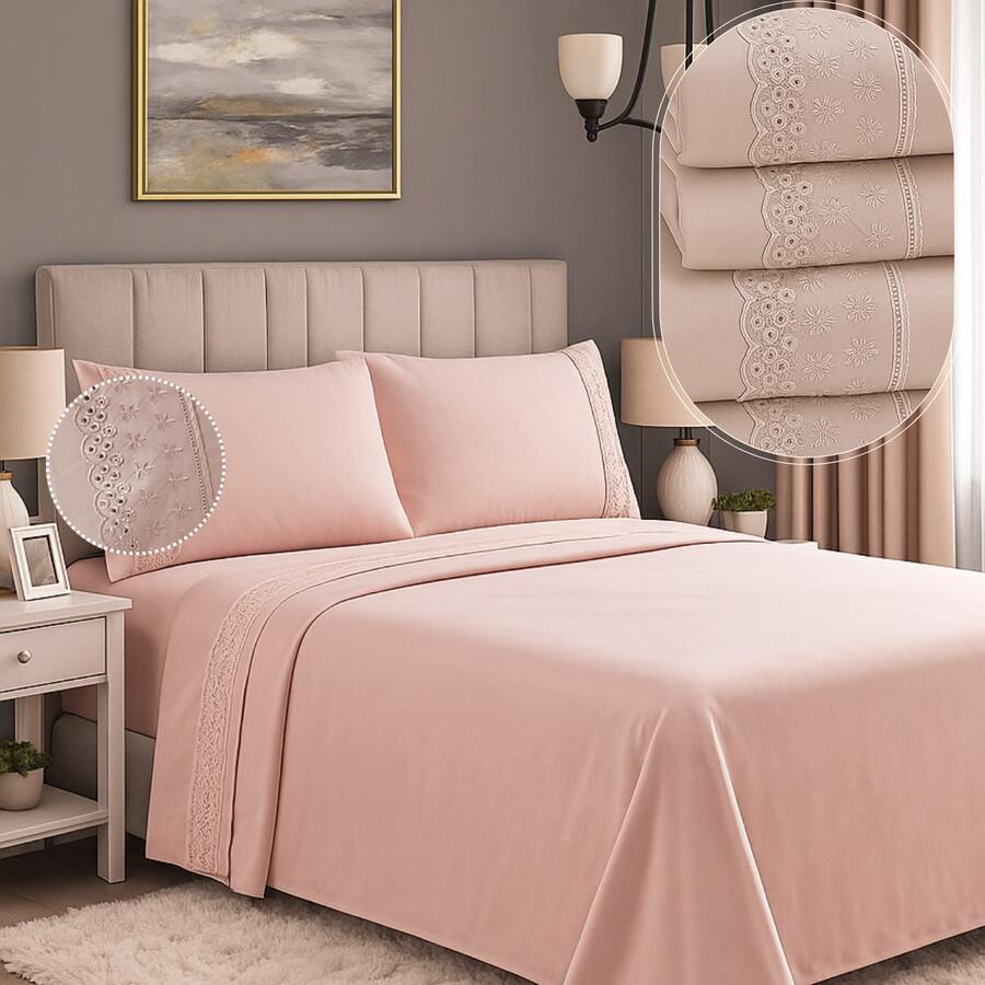 Micropercal 400 Thread Count Sheet Set, Queen And King Size, 4 Pieces, Embroidered With English Lace, Elasticated, Soft Touch, Plain, Habitat - 粉紅色蕾絲 - View 1
