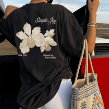 Women's 100% Cotton Floral T-Shirt, Simple Day Casual Summer X Back To School - 黑色 - 查看 7