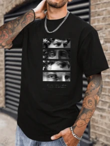 Camiseta unisex de algodón 100% de corte relajado, estilo clásico realista, fotografía en blanco y negro, detalles de cabeza de escultura clásica (ojos y rizo, latido del corazón de Ciudad de México, camiseta de graffiti callejero, perfecta para Pascua, Carnaval, temporada de regreso a clases y otras camisetas conmemorativas). - Negro - Ver 3