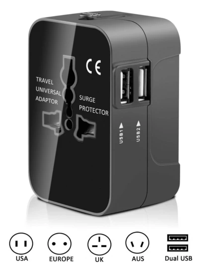 通用旅行适配器，全球通用旅行适配器，配备双USB+AC充电端口，一体式充电站，适用于150多个国家，商务旅行必备，兼容电脑、平板电脑、笔记本电脑