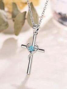 925 Sterling Silver Blue, Red & White Gemstone Cross Pendant Necklace, European & American Cool Style Birthday & Couple Gift Set - Blue - View 8