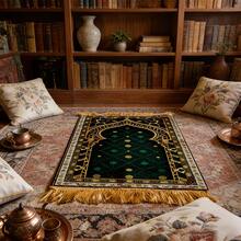 1pc Luxurious Green Background With Golden Vintage Floral Border Design Decorative Rug, With Golden Tassel Edges, Bohemian Style, Plush Carpet, Thick Carpet, Fuzzy Carpet, Autumn/Winter Carpet, Thick Carpet - Multicolor - View 4