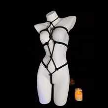 Conjunto de lencería sexy con entrepierna abierta, ataduras y cuerdas, lencería transparente y seductora - San Valentín - Negro - Ver 7