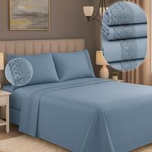 Micropercal 400 Thread Count Sheet Set, Queen And King Size, 4 Pieces, Embroidered With English Lace, Elasticated, Soft Touch, Plain, Habitat - 藍色蕾絲 - 查看 1