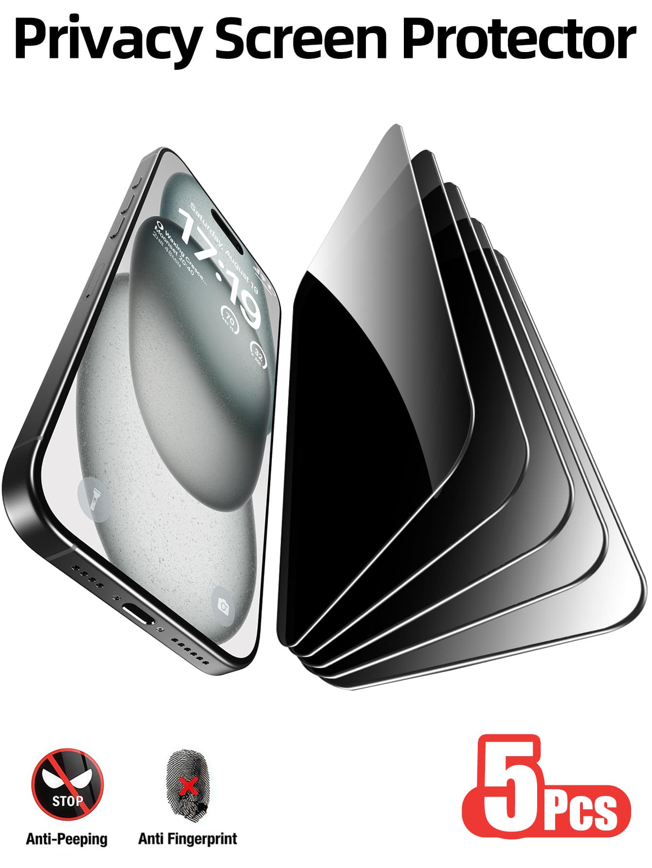 Yezodawee 5 Packs Privacy Screen Protector 17 Pro Max [True 25°Anti Spy], Anti-Spy Tempered Glass Film, 9H Hardness Tempered Glass HD Full Coverage Protection, Anti-Peep Privacy Protective Glass, Scratch-Resistant, Anti-Fingerprint Phone 16 ProMax/16 Plus/16E/15 ProMax/14/13/12/11 Series - Black - View 1