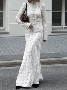 Chân váy ren thêu màu trơn thanh lịch dành cho nữ, phù hợp với trang phục mùa xuân, ngày lễ tình nhân và lễ hội, chân váy Ramadan, chân váy maxi dáng chữ A phối ren khoét lỗ đa năng kiểu Pháp mùa hè, chân váy maxi dáng suông phong cách Bohemian giúp thon gọn vóc dáng khi đi nghỉ mát. - trắng - Xem 5